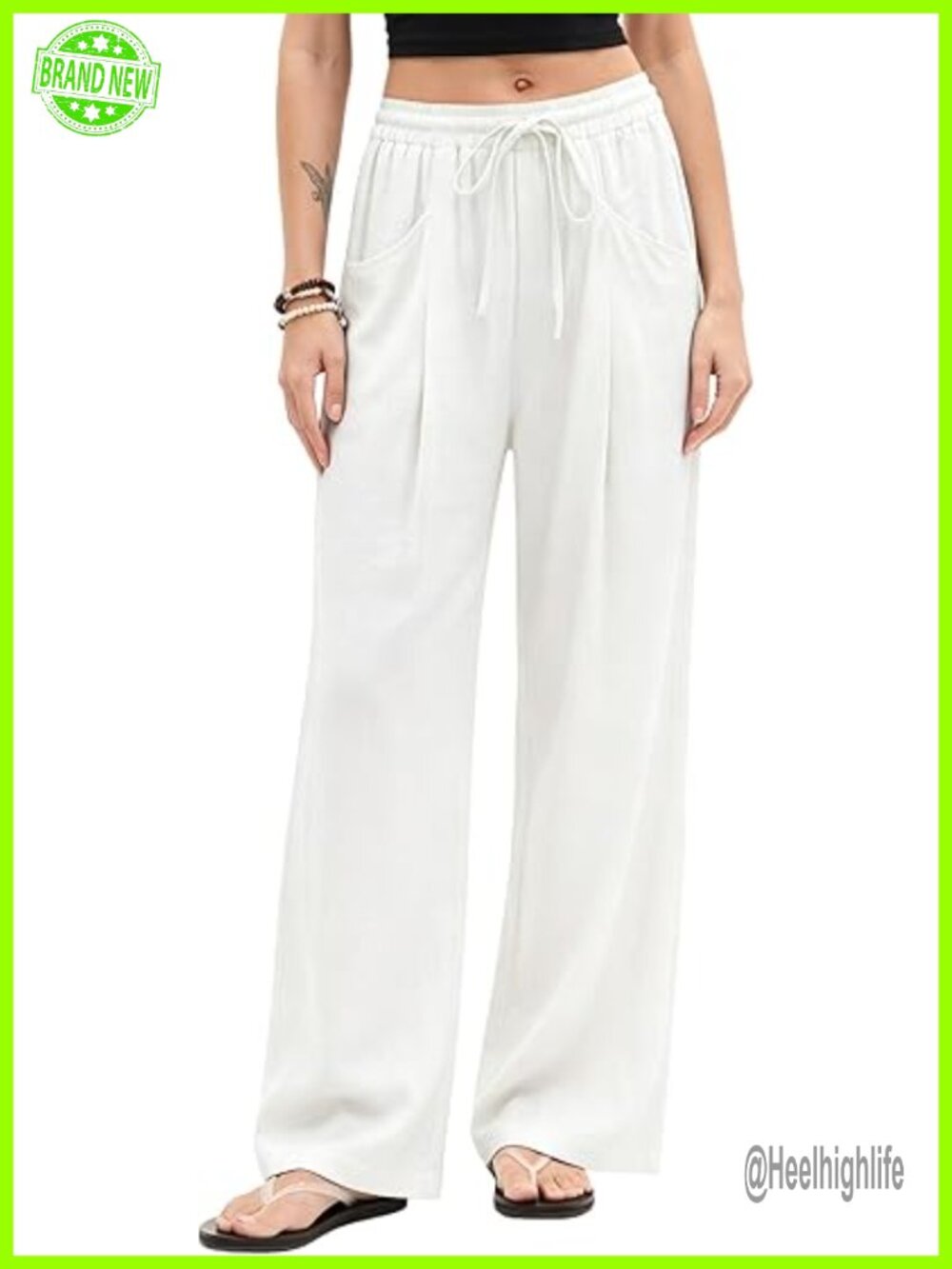 Wide Leg Linen Pants with Pockets Elastic High Waisted Summer Beach Casual